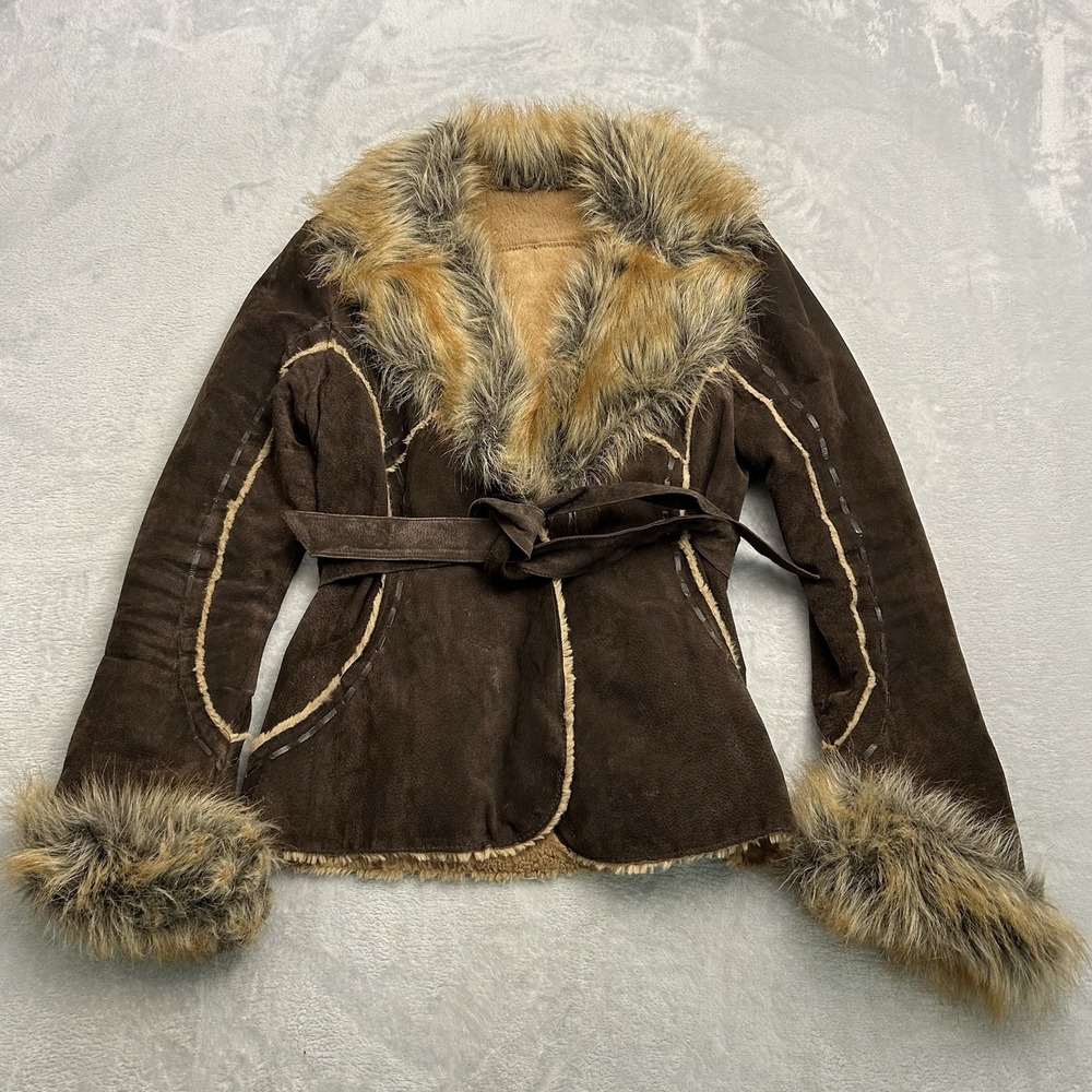 Vtg Y2k Wilsons Suede Jacket M Brown Penny Lane Fur Trim Belted Steampunk Boho